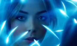 a woman is looking through a blue light frame