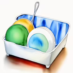 a blue dish filled with plates and an orange and green ball
