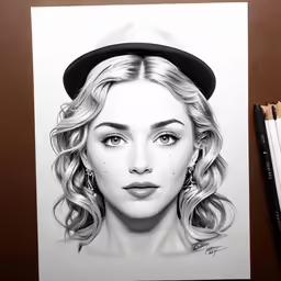 a drawing of a woman with blue eyes and hat