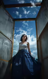a woman in a dress looks up from an open door