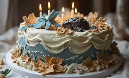 this birthday cake is decorated in teal, white and gold