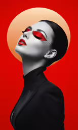 the face and shoulders of a woman with red and white makeup