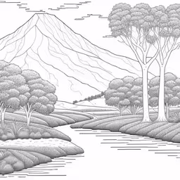 a drawing of a mountain with trees next to a lake,an ink drawing of a forest with hills and trees