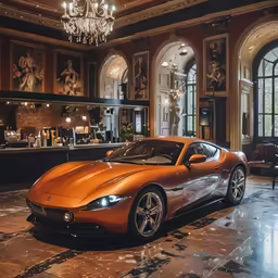 a bright orange sports car is parked in an old building
