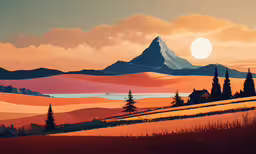 a painting of a snow covered mountain under cloudy skies,a painting of a mountain with houses and a lake