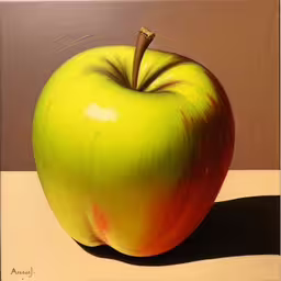 an apple on a wooden table painted in red, yellow and green,a painting of an apple with yellow and red highlights,a painting of an apple sitting on a table,a red and green apple is pictured on a beige surface,the painting shows a yellow and red apple on a white table