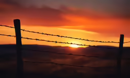 the sunset behind the mountains and a barbed wire fence