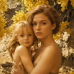 a young girl hugging her mother as she sits among some yellow flowers