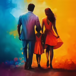 a man and woman holding hands walking in front of an orange sky