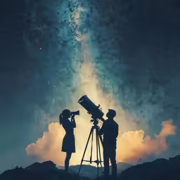people look up at the sky through telescopes