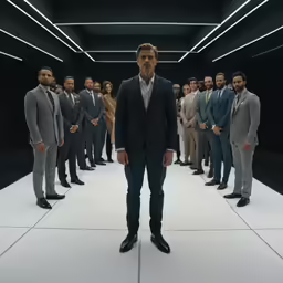 a man stands in a suit on the center of a room