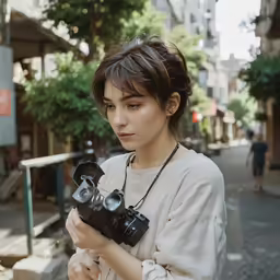 young woman standing outdoors holding out a camera
