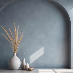 three vases and two planters on the table