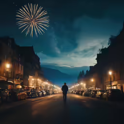 a man walking down the middle of a city street