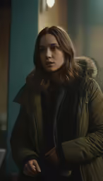 a woman standing with her arm folded up wearing a parka