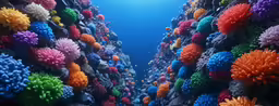 a group of different colored corals swimming in the ocean