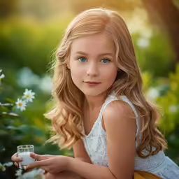 a little girl holding a glass looking at the camera
