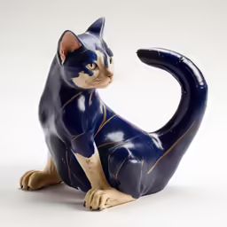 a blue ceramic cat sits with its tail curled