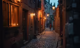 a couple walking down a street at night