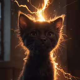 a small black cat with big blue eyes stares upward with a glowing background