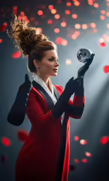 a woman holding an object up to her ear
