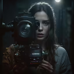a woman with long dark hair holds her camera