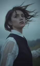a woman with her hair blowing in the wind