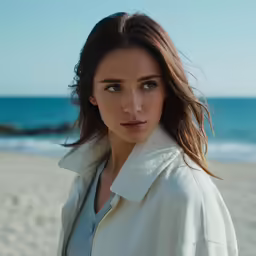 a woman wearing white clothes stands at the beach