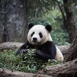 a panda sits on the tree branches and looks at something