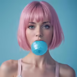 the woman is blowing a bubble out of her mouth