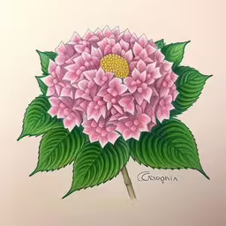 an image of a painted flower with leaves,a drawing of a large pink flower with green leaves