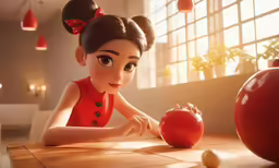 a cartoon character sitting at a table with an apple