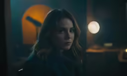 a woman stares intently while sitting in a dimly lit room