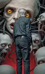 a man looks at a wall - sized poster depicting two humanoid heads and an orange - eyed person