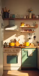 pots, pans and cooking utensils on wooden shelves in a kitchen