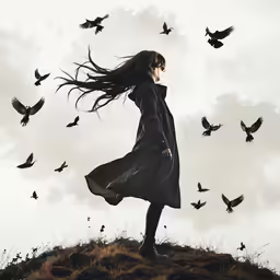 a girl in a black dress is walking on the top of a hill