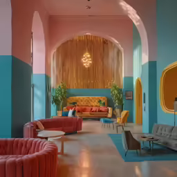 a colorful lobby decorated in two tones of pink, yellow and blue