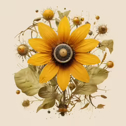 sunflower with several leaves, seeds and flowers on a white background