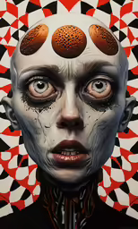 a painting shows a strange face with circles around it