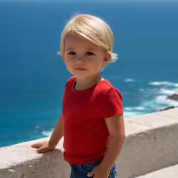 a toddler standing on a ledge by the ocean