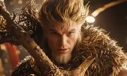 a man with beard and monster costume standing behind a branch