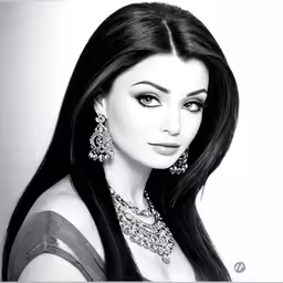 a woman with long hair in black and white