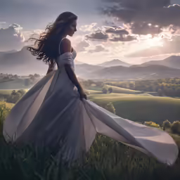 a beautiful woman in a white dress standing on top of a field