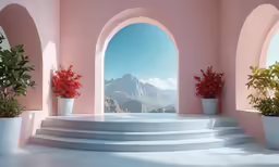 four potted plants in white pots sitting on pink walls