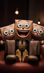 three cartoon characters sitting together on brown chairs