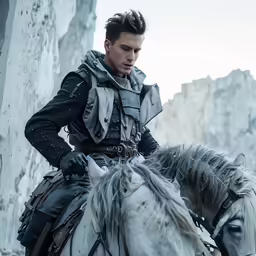 man dressed in medieval clothing riding a white horse