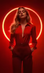 the model is wearing an overstuffed red suit