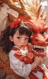 a little girl wearing a dress holds an dragon like mask