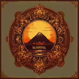 a poster depicting a volcano with a mountain in the background,the mountain is covered with intricate carvings