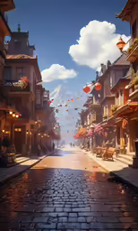 there are many lanterns being flown in the street